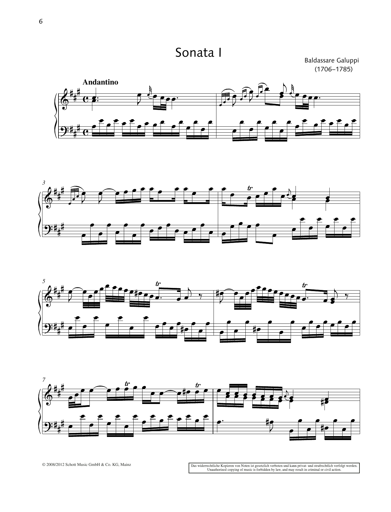 Baldassare Galuppi Sonata I A major sheet music notes and chords arranged for Piano Solo