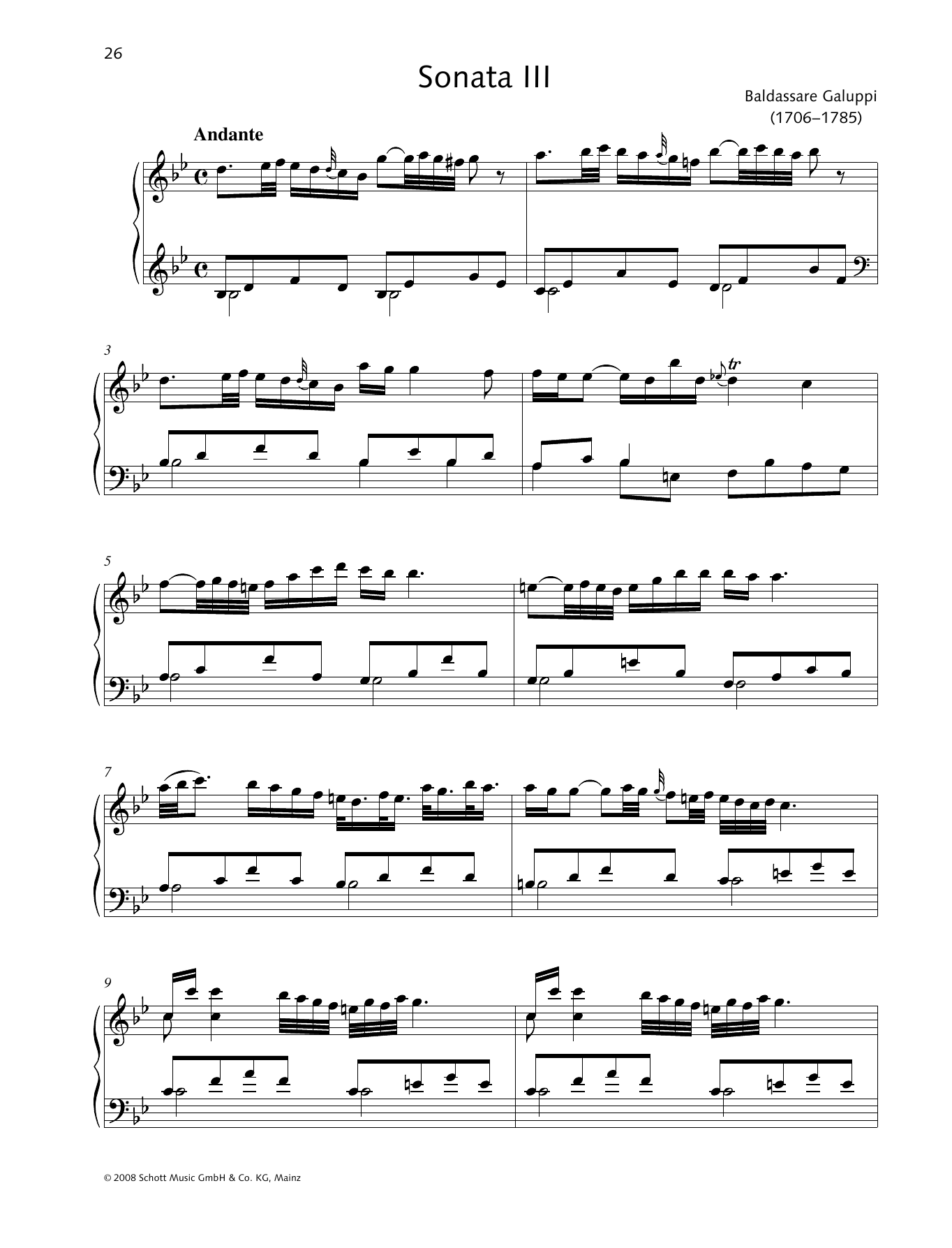 Baldassare Galuppi Sonata III B-flat major sheet music notes and chords arranged for Piano Solo