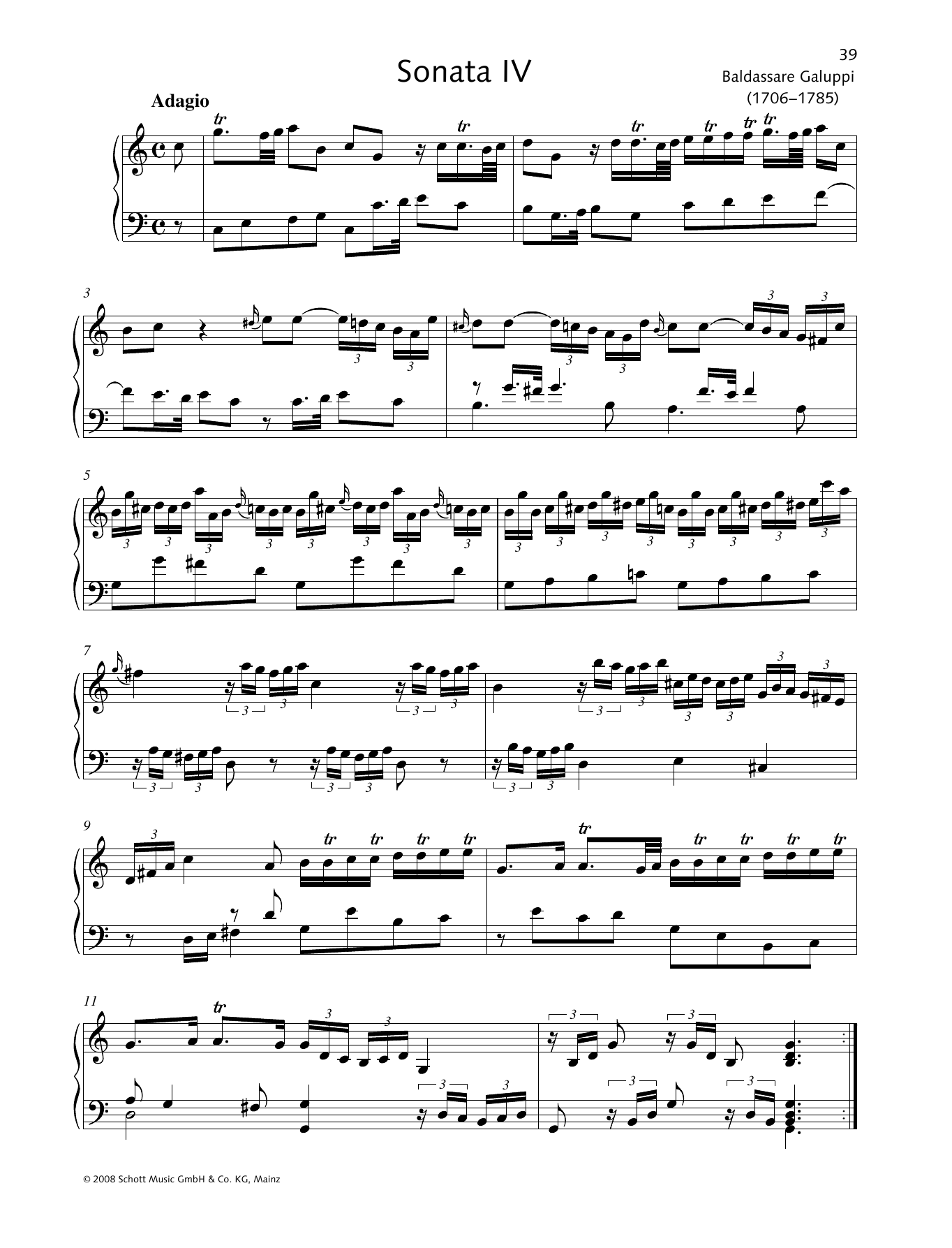 Baldassare Galuppi Sonata IV C major sheet music notes and chords arranged for Piano Solo