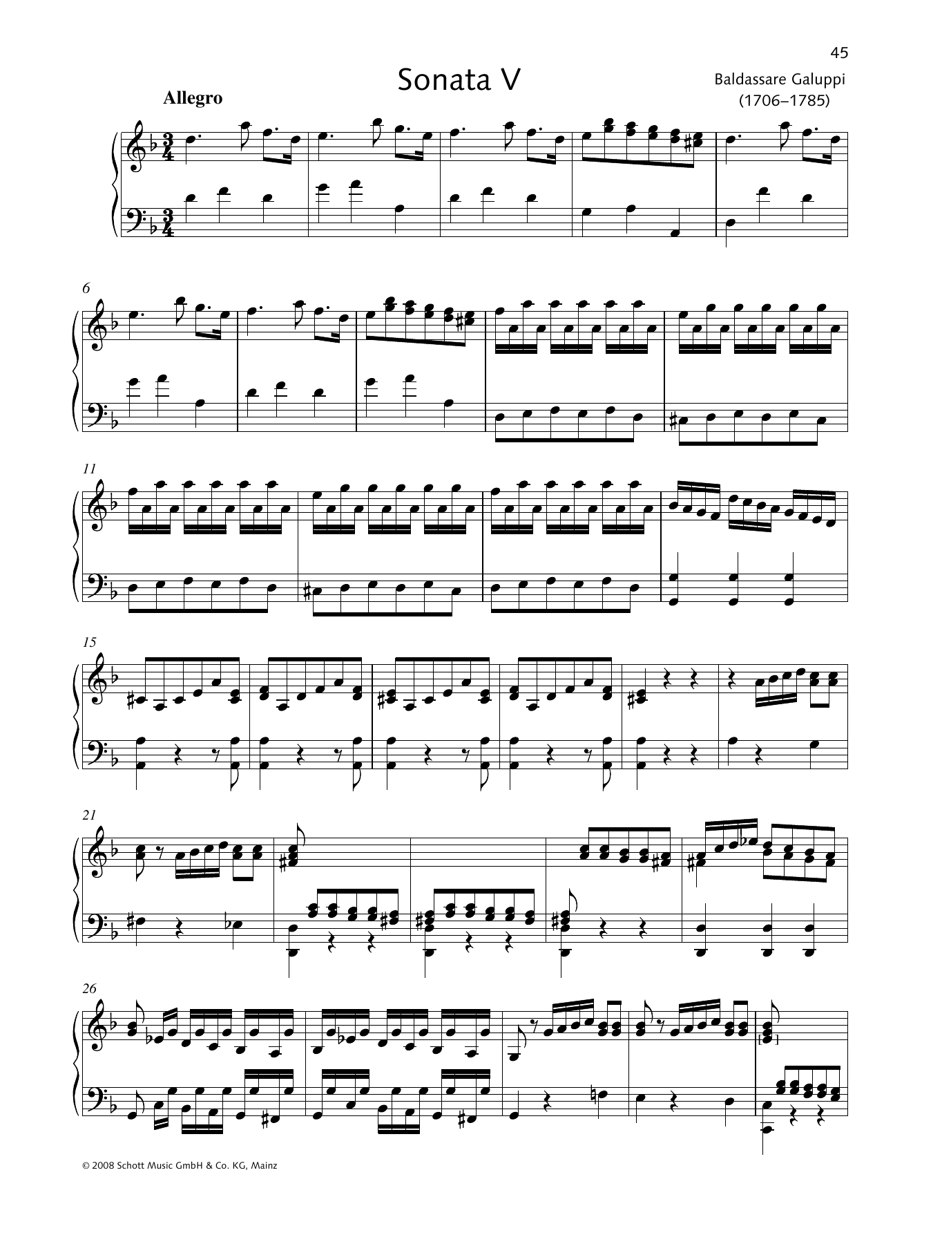 Baldassare Galuppi Sonata V D minor sheet music notes and chords arranged for Piano Solo