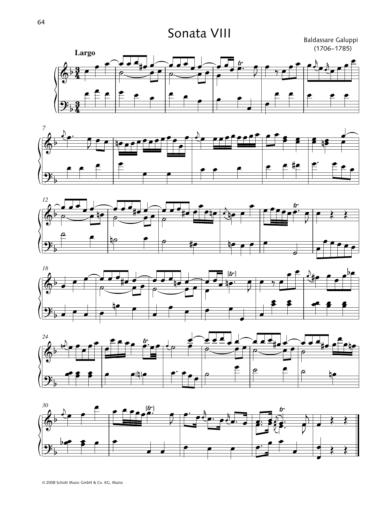 Baldassare Galuppi Sonata VIII F major sheet music notes and chords arranged for Piano Solo