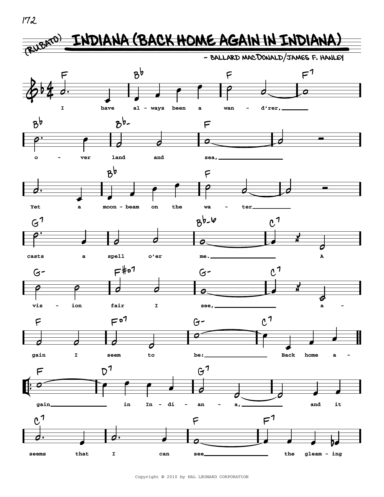 Ballard MacDonald Indiana (Back Home Again In Indiana) (arr. Robert Rawlins) sheet music notes and chords arranged for Real Book – Melody, Lyrics & Chords