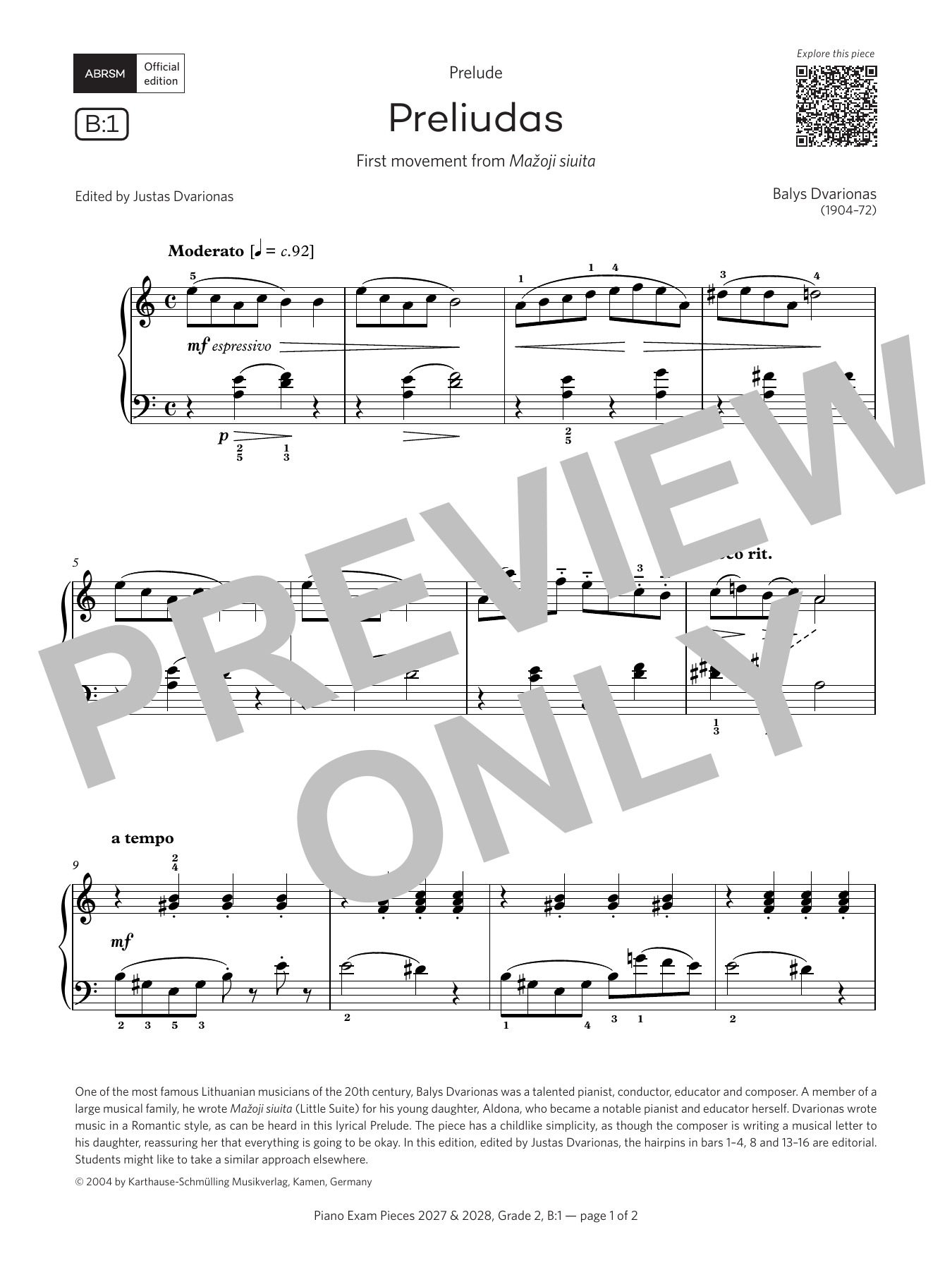 Balys Dvarionas Preludias (Grade 2, list B1, from the ABRSM Piano Syllabus 2027 & 2028) sheet music notes and chords arranged for Piano Solo