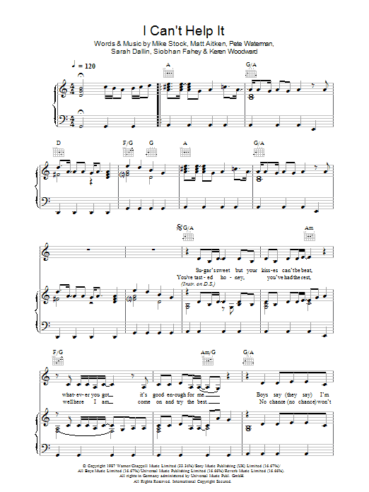 Bananarama I Can't Help It sheet music notes and chords arranged for Piano, Vocal & Guitar Chords