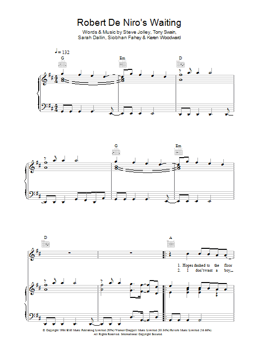 Bananarama Robert De Niro's Waiting sheet music notes and chords arranged for Piano, Vocal & Guitar Chords
