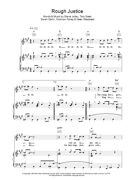 Bananarama Rough Justice sheet music notes and chords arranged for Piano, Vocal & Guitar Chords