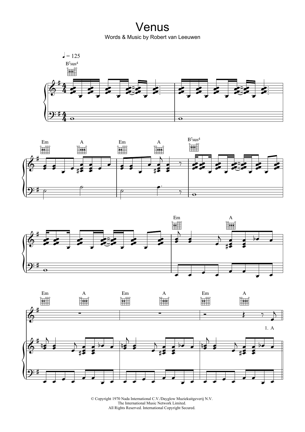 Bananarama Venus sheet music notes and chords arranged for Piano, Vocal & Guitar Chords
