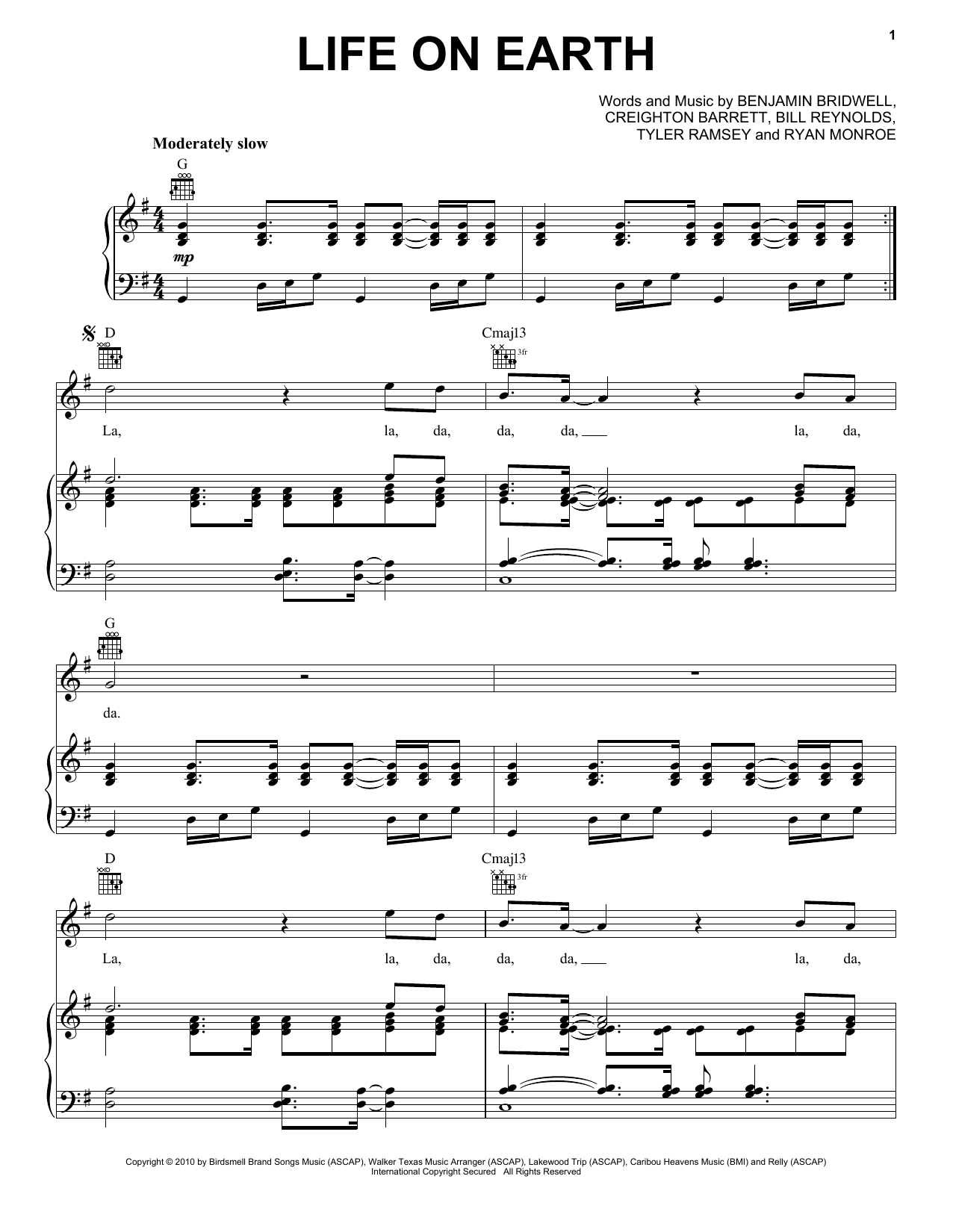 Band Of Horses Life On Earth sheet music notes and chords arranged for Piano, Vocal & Guitar Chords (Right-Hand Melody)