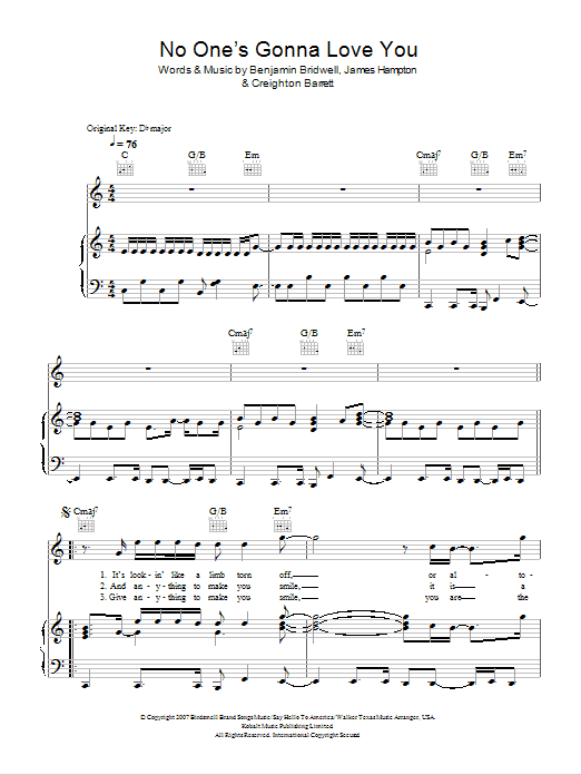 Band Of Horses No One's Gonna Love You sheet music notes and chords arranged for Piano, Vocal & Guitar Chords