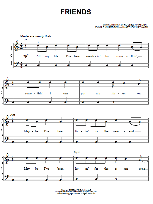 Band Of Skulls Friends sheet music notes and chords arranged for Easy Piano