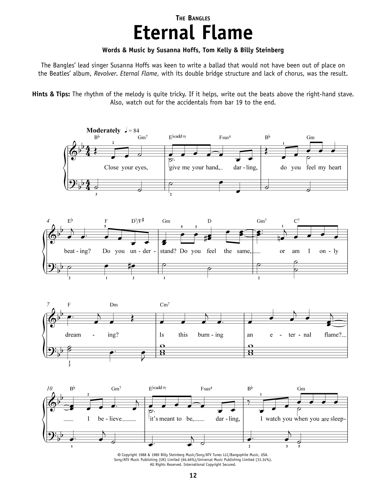 Bangles Eternal Flame sheet music notes and chords arranged for Really Easy Piano