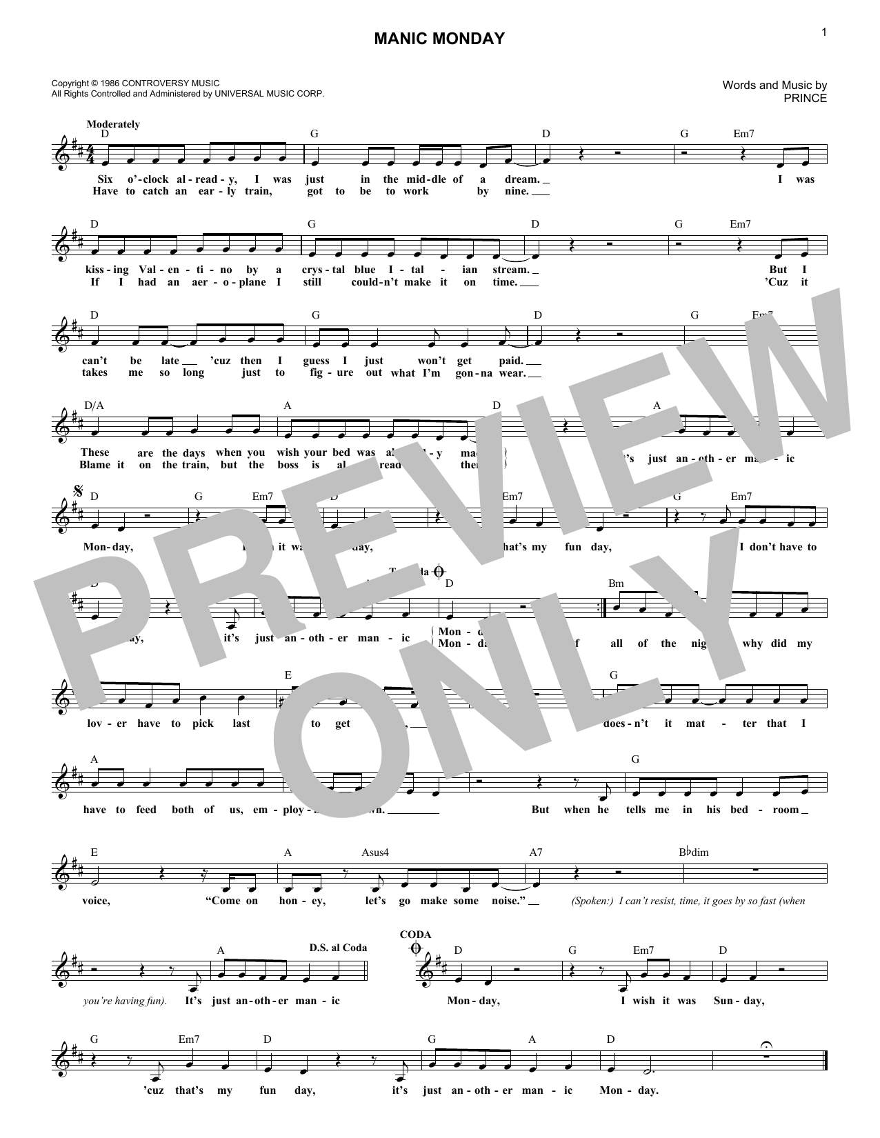 Bangles Manic Monday sheet music notes and chords arranged for Piano, Vocal & Guitar Chords (Right-Hand Melody)