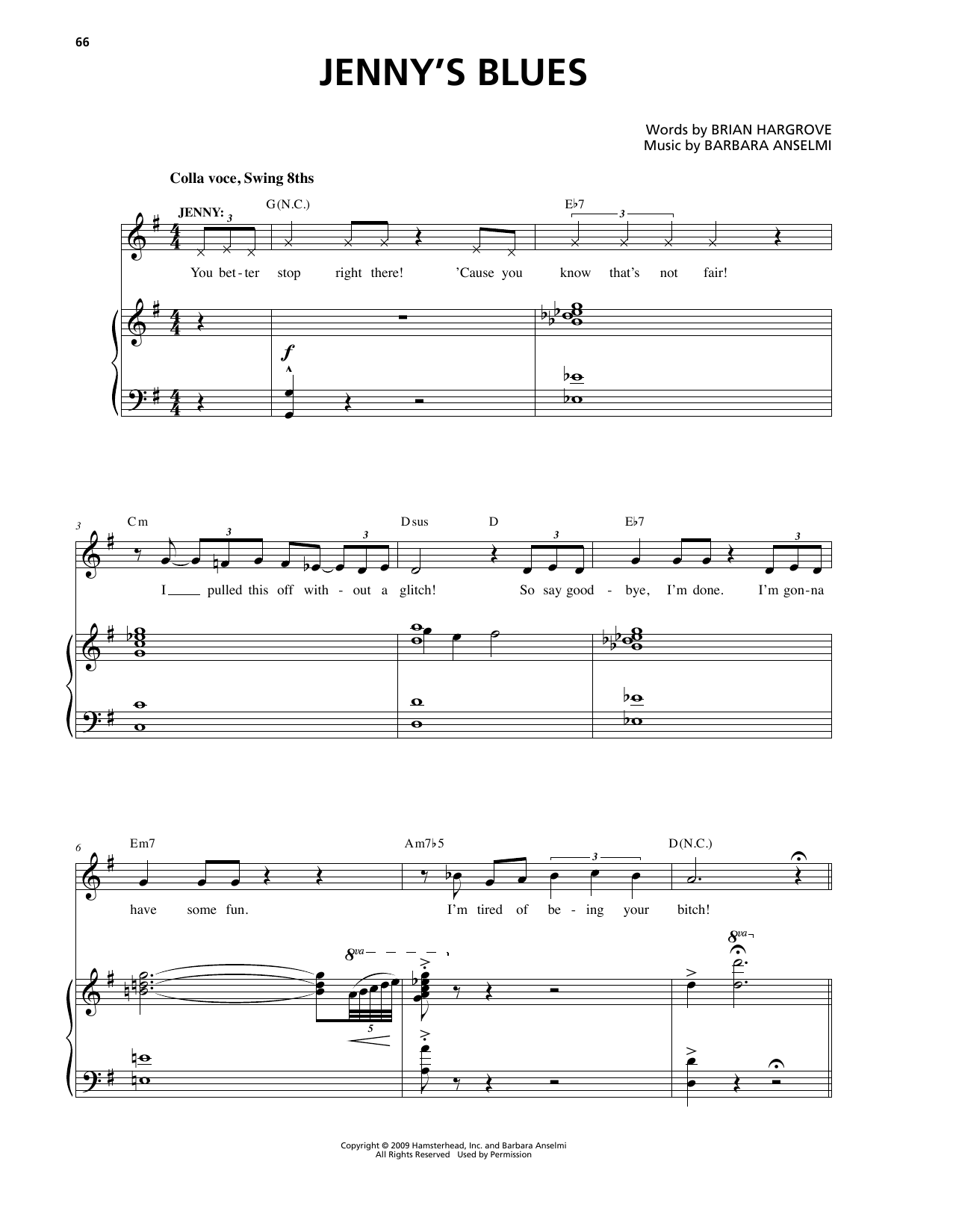 Barbara Anselmi & Brian Hargrove Jenny's Blues sheet music notes and chords arranged for Piano & Vocal