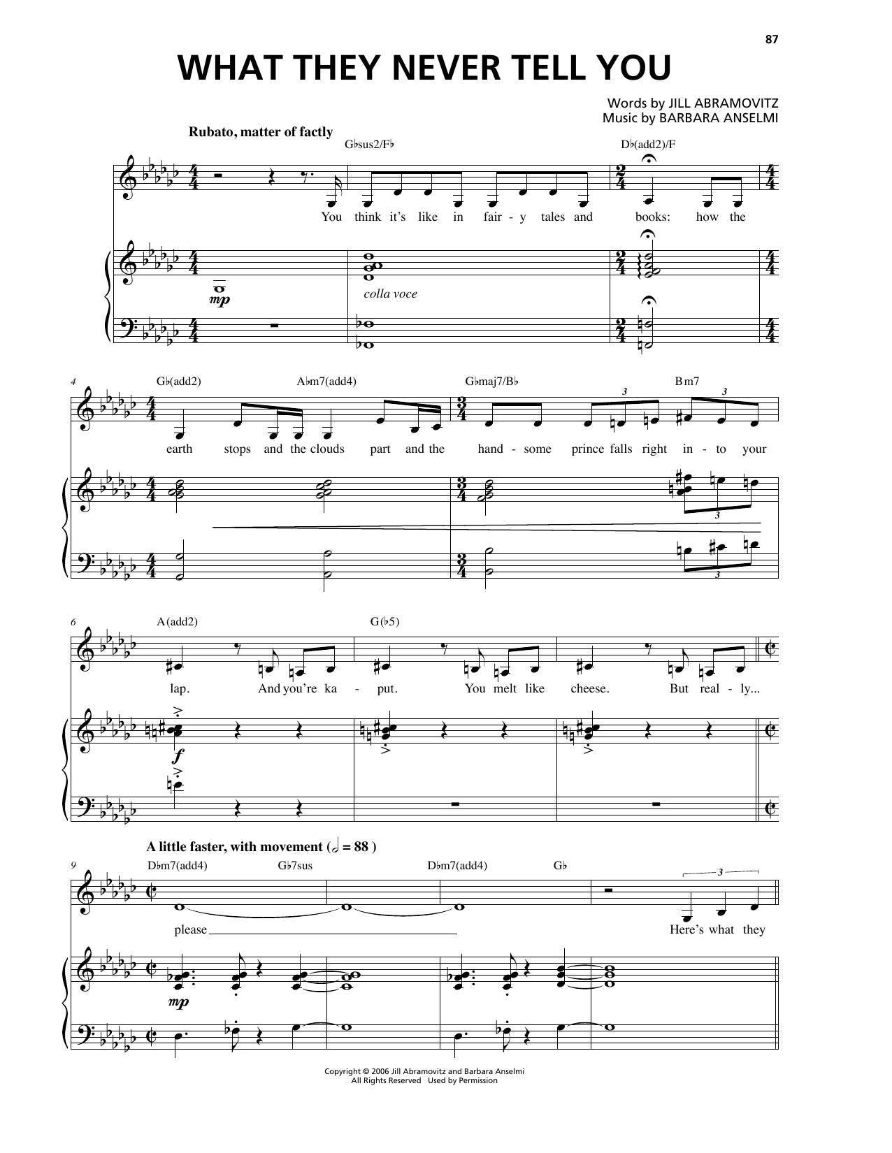 Barbara Anselmi & Jill Abramovitz What They Never Tell You sheet music notes and chords arranged for Piano & Vocal
