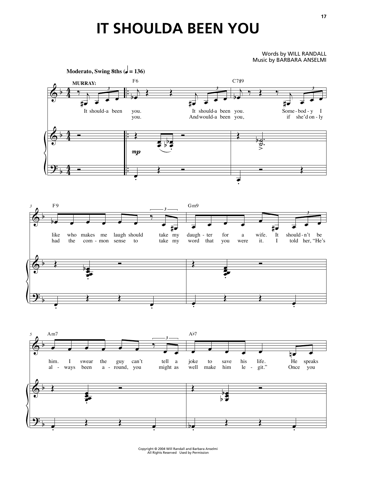 Barbara Anselmi & Will Randall It Shoulda Been You sheet music notes and chords arranged for Piano & Vocal