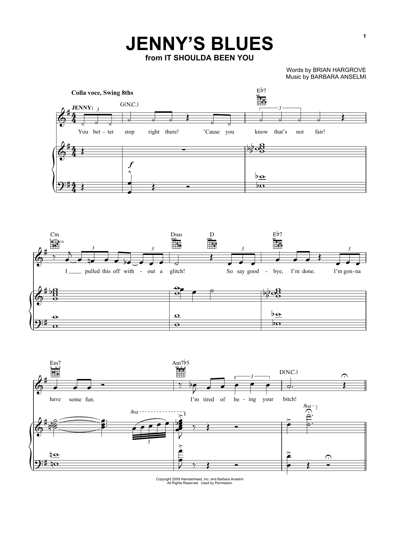 Barbara Anselmi and Brian Hargrove Jenny's Blues (from It Shoulda Been You) sheet music notes and chords arranged for Vocal Pro + Piano/Guitar