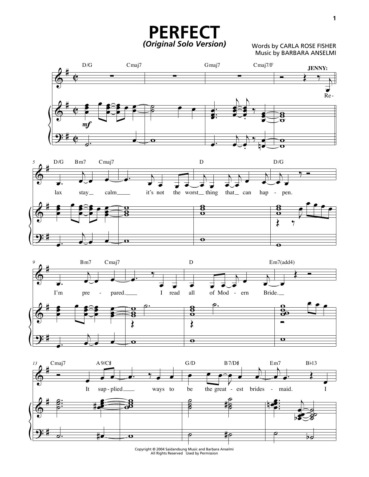 Barbara Anselmi and Carla Rose Fisher Perfect (Original Solo Version) sheet music notes and chords arranged for Piano & Vocal
