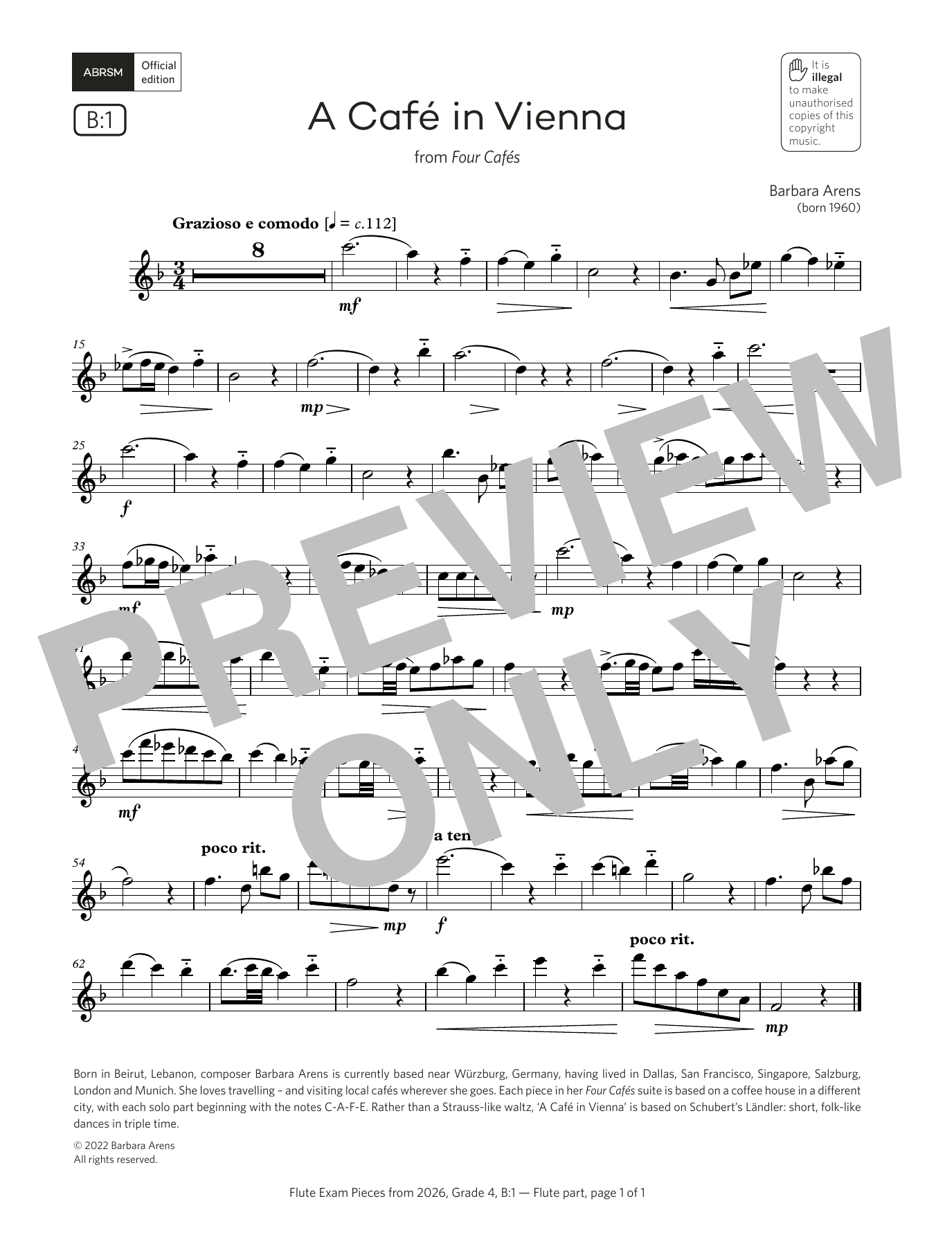 Barbara Arens A Café in Vienna (Grade 4, list B1, from the ABRSM Flute Syllabus from 2026) sheet music notes and chords arranged for Flute Solo