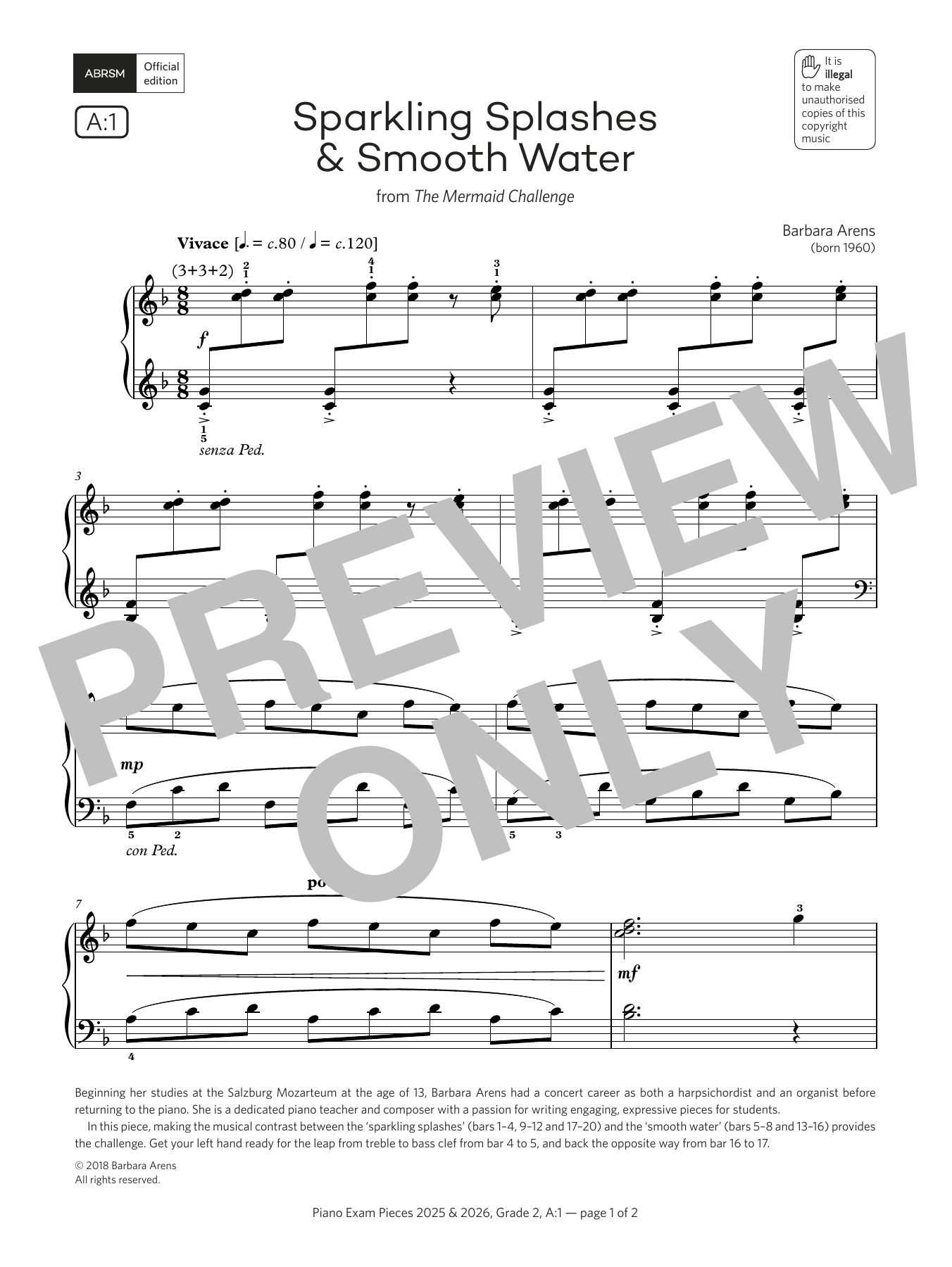 Barbara Arens Sparkling Splashes & Smooth Water (Grade 2, list A1, from the ABRSM Piano Syllabus 2025 & 2026) sheet music notes and chords arranged for Piano Solo