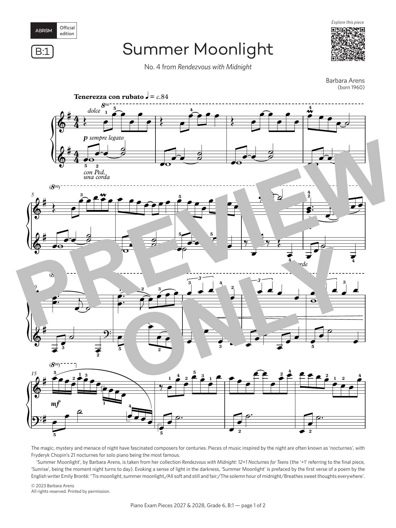 Barbara Arens Summer Moonlight (Grade 6, list B1, from the ABRSM Piano Syllabus 2027 & 2028) sheet music notes and chords arranged for Piano Solo