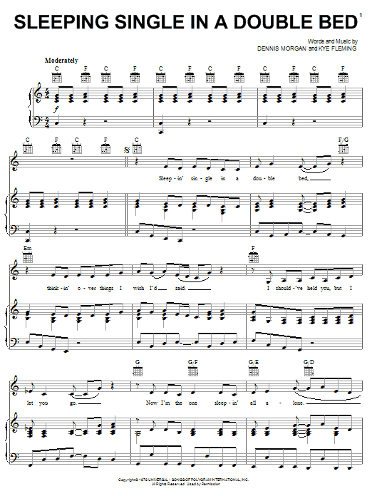 Barbara Mandrell Sleeping Single In A Double Bed sheet music notes and chords arranged for Piano, Vocal & Guitar Chords (Right-Hand Melody)