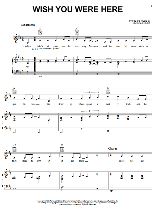 Barbara Mandrell Wish You Were Here sheet music notes and chords arranged for Piano, Vocal & Guitar Chords (Right-Hand Melody)