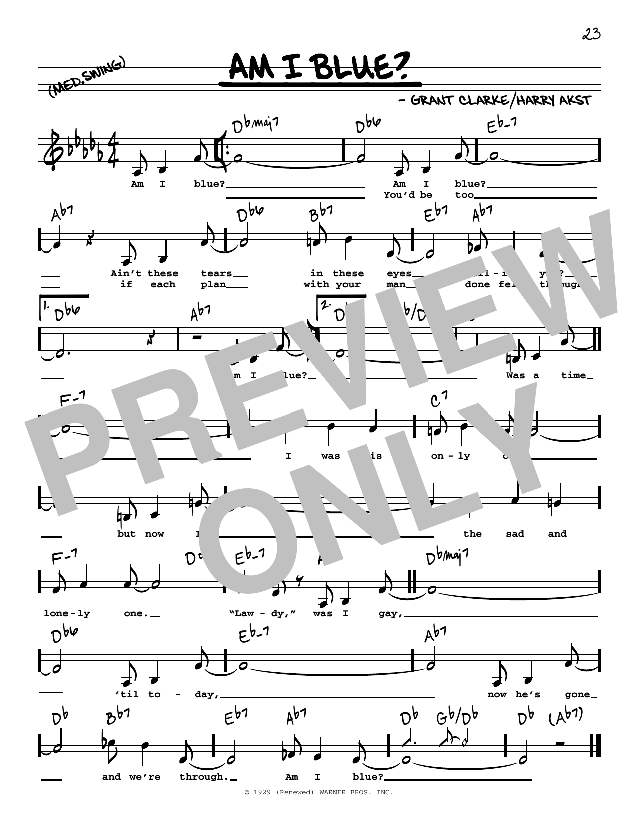 Barbra Streisand Am I Blue? (Low Voice) sheet music notes and chords arranged for Real Book – Melody, Lyrics & Chords