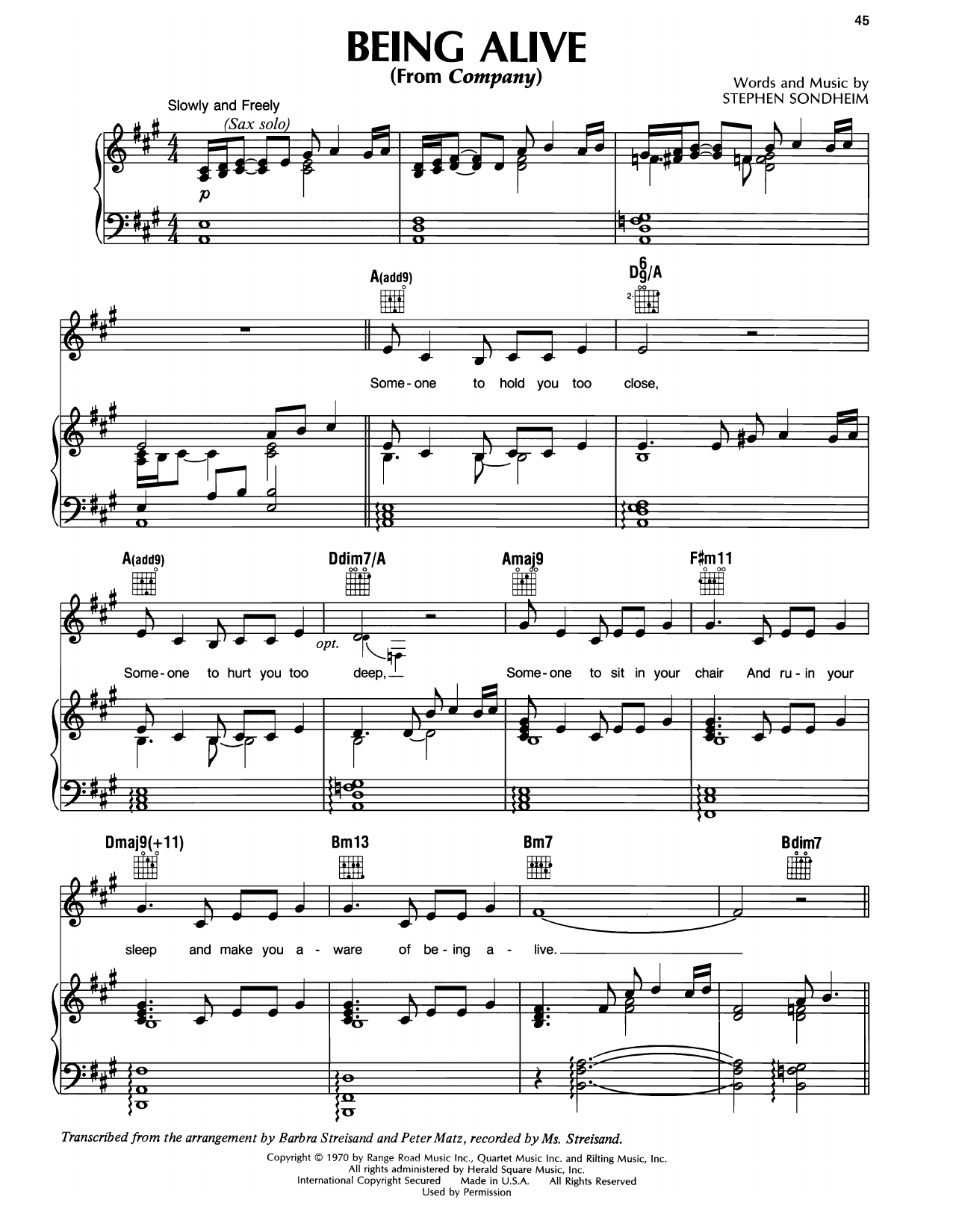 Barbra Streisand Being Alive sheet music notes and chords arranged for Piano, Vocal & Guitar Chords (Right-Hand Melody)
