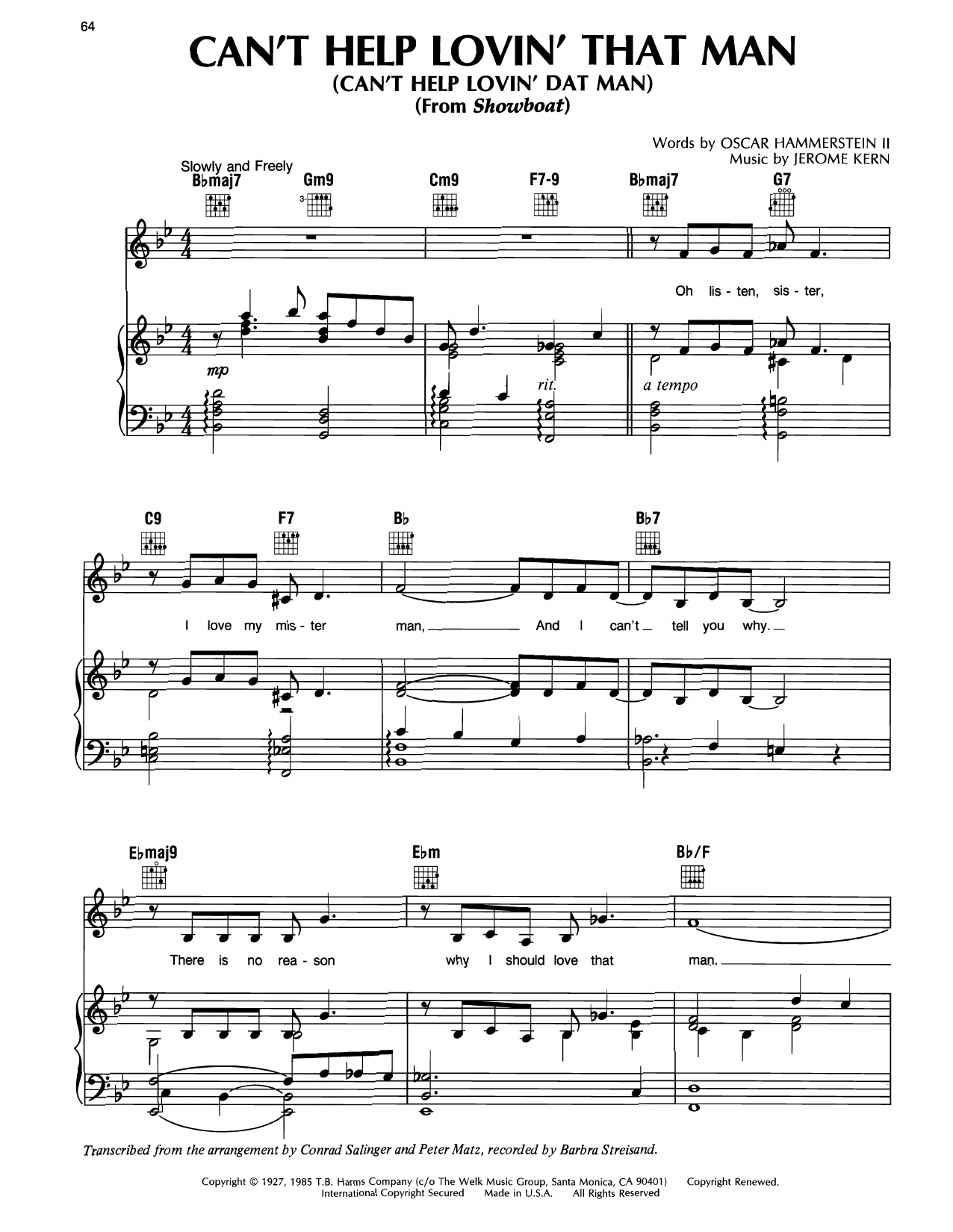 Barbra Streisand Can't Help Lovin' Dat Man sheet music notes and chords arranged for Piano, Vocal & Guitar Chords (Right-Hand Melody)