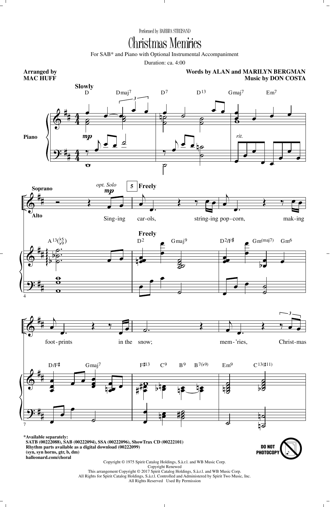 Barbra Streisand Christmas Mem'ries (arr. Mac Huff) sheet music notes and chords arranged for SSA Choir