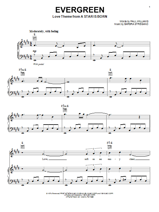 Barbra Streisand Evergreen (Love Theme from A Star Is Born) sheet music notes and chords arranged for Piano, Vocal & Guitar Chords (Right-Hand Melody)
