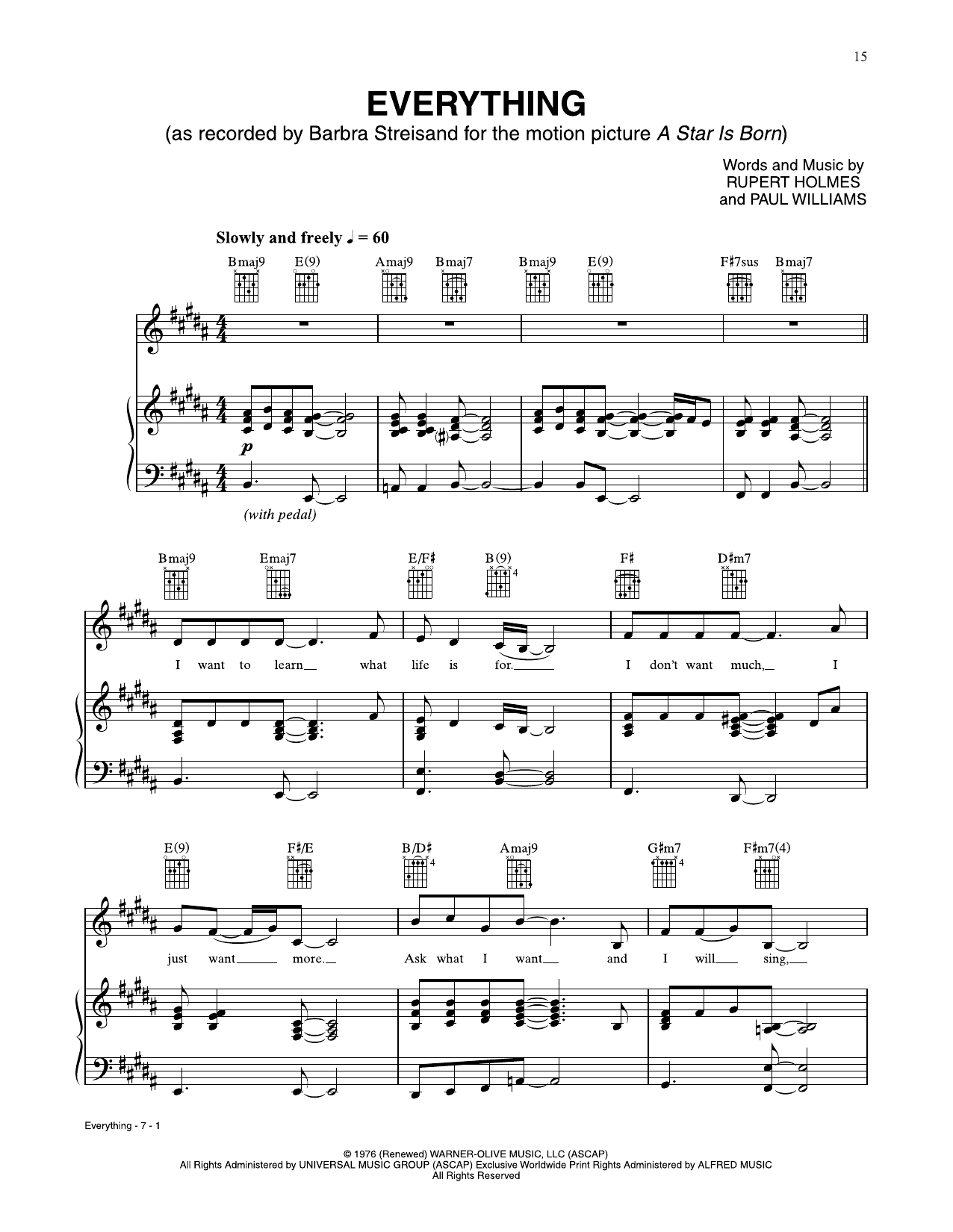 Barbra Streisand Everything (from A Star Is Born) sheet music notes and chords arranged for Piano, Vocal & Guitar Chords (Right-Hand Melody)