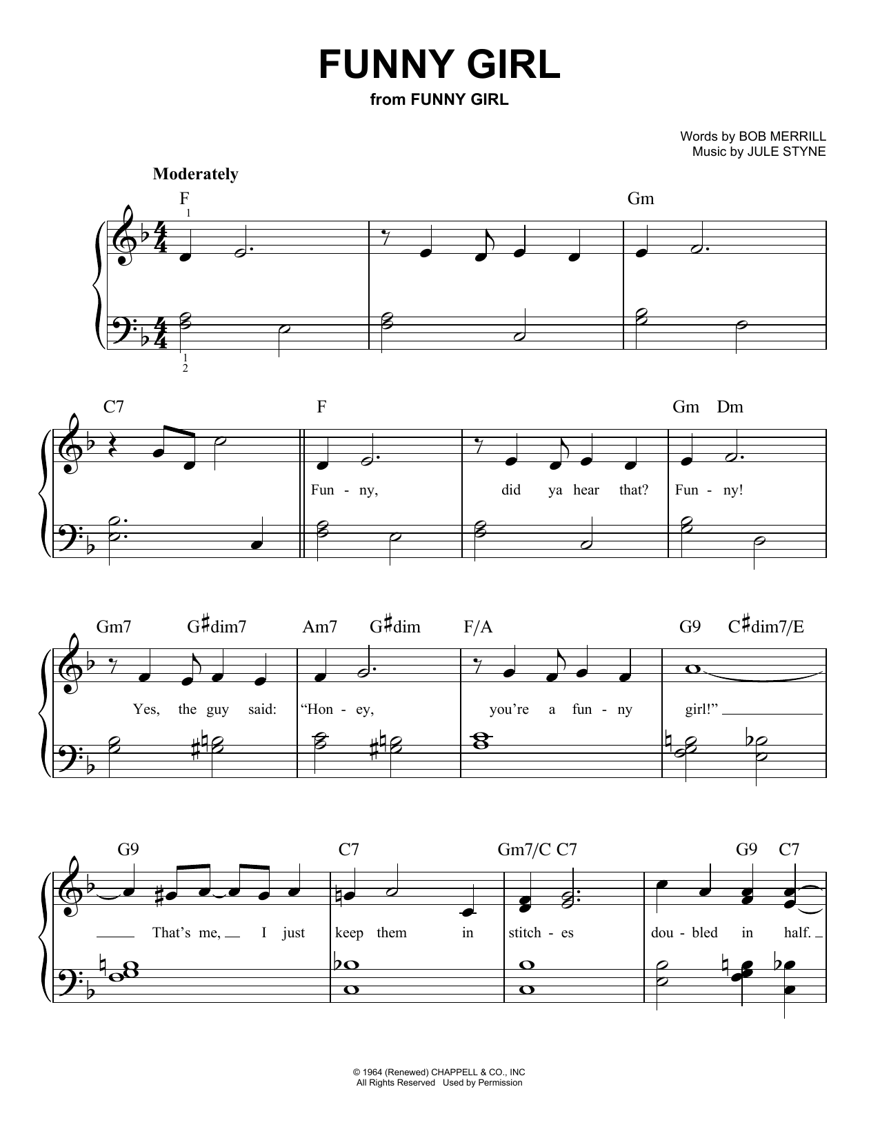 Barbra Streisand Funny Girl (from Funny Girl) sheet music notes and chords arranged for Easy Piano