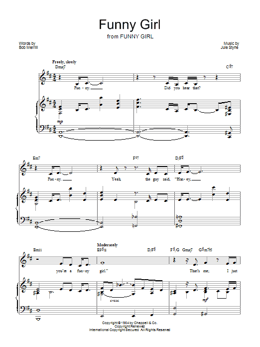 Barbra Streisand Funny Girl sheet music notes and chords arranged for Piano, Vocal & Guitar Chords (Right-Hand Melody)