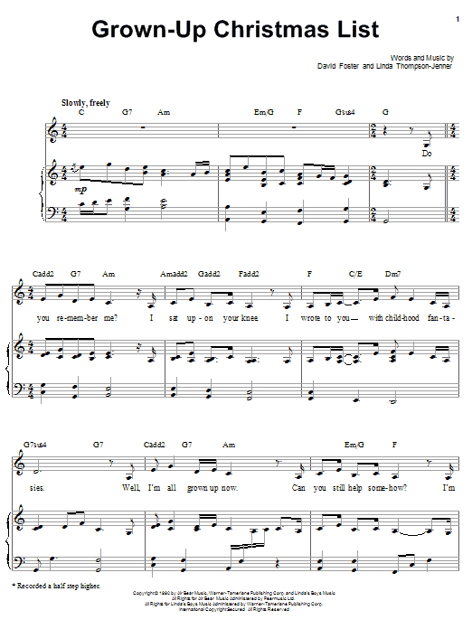 Barbra Streisand Grown-Up Christmas List sheet music notes and chords arranged for Piano, Vocal & Guitar Chords (Right-Hand Melody)