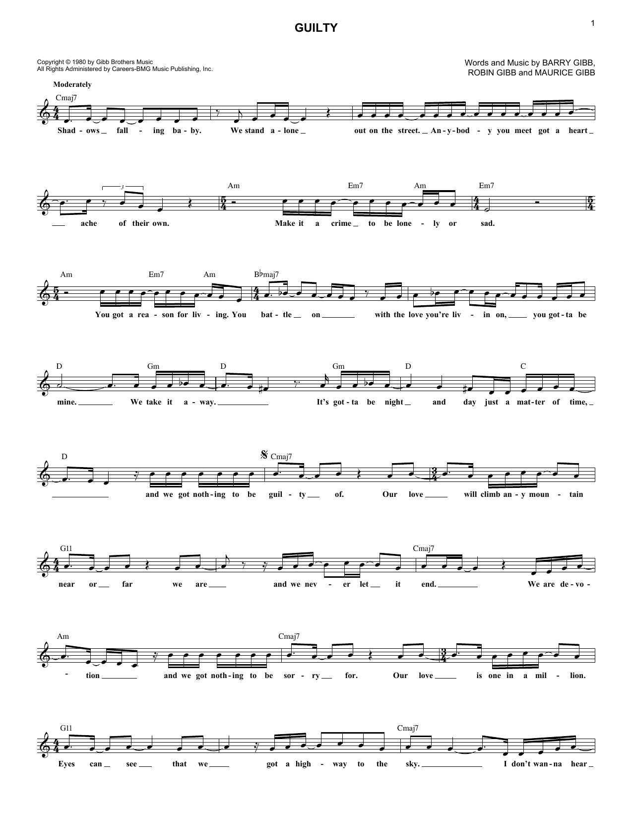 Barbra Streisand Guilty sheet music notes and chords arranged for Lead Sheet / Fake Book