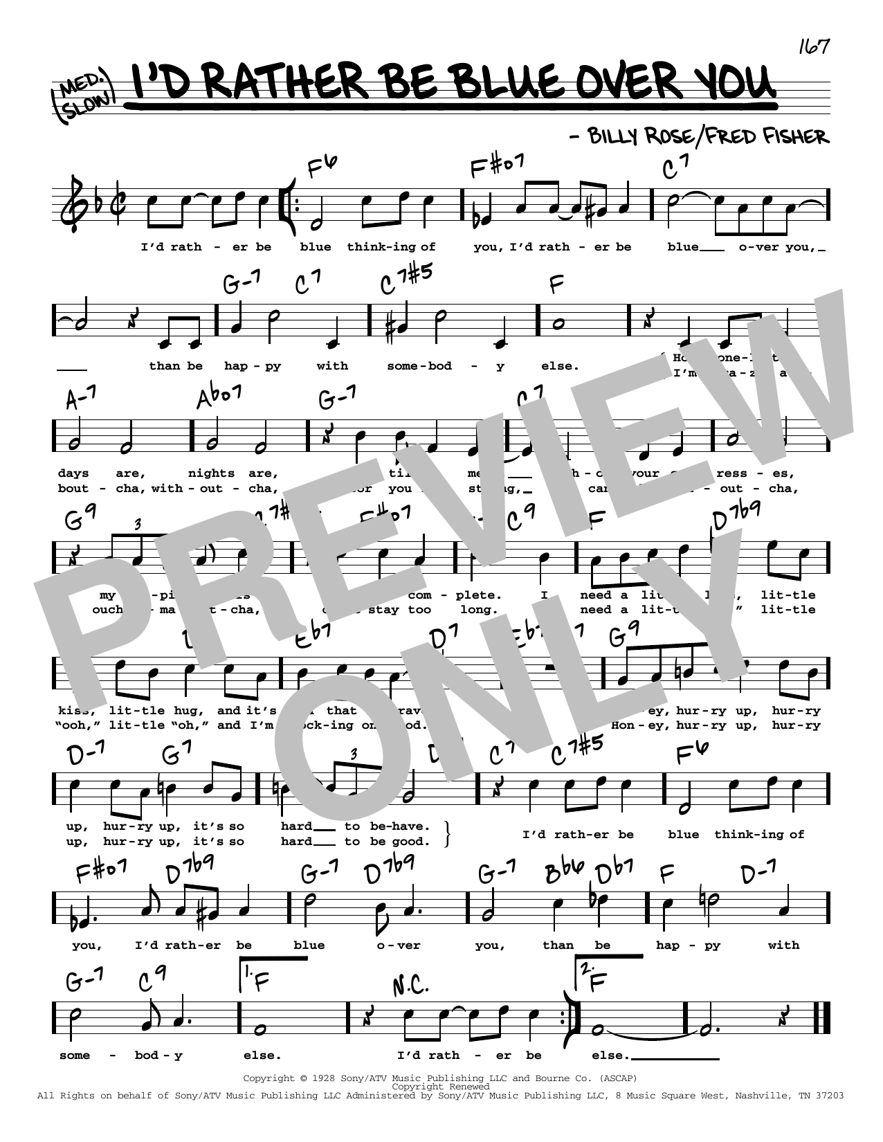 Barbra Streisand I'd Rather Be Blue Over You (from Funny Girl) (High Voice) sheet music notes and chords arranged for Real Book – Melody, Lyrics & Chords