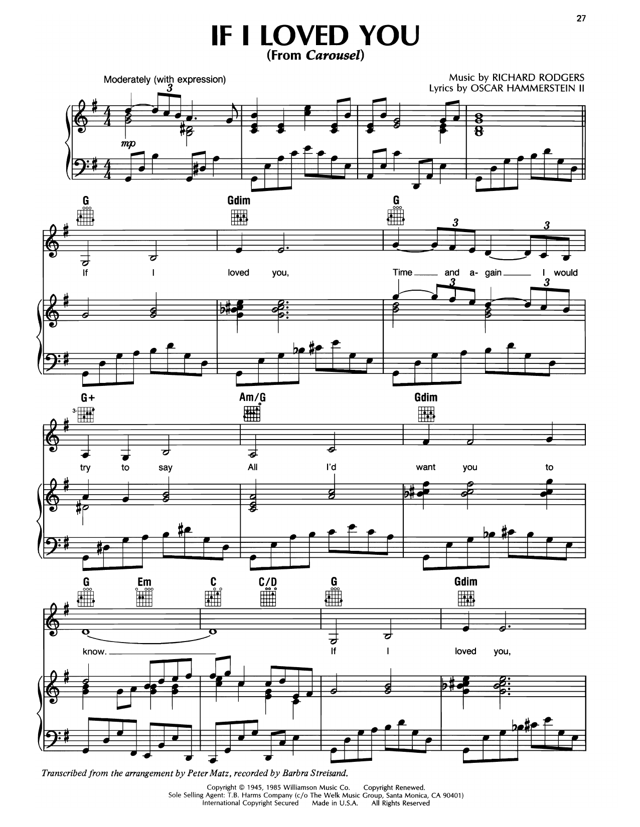 Barbra Streisand If I Loved You sheet music notes and chords arranged for Piano, Vocal & Guitar Chords (Right-Hand Melody)