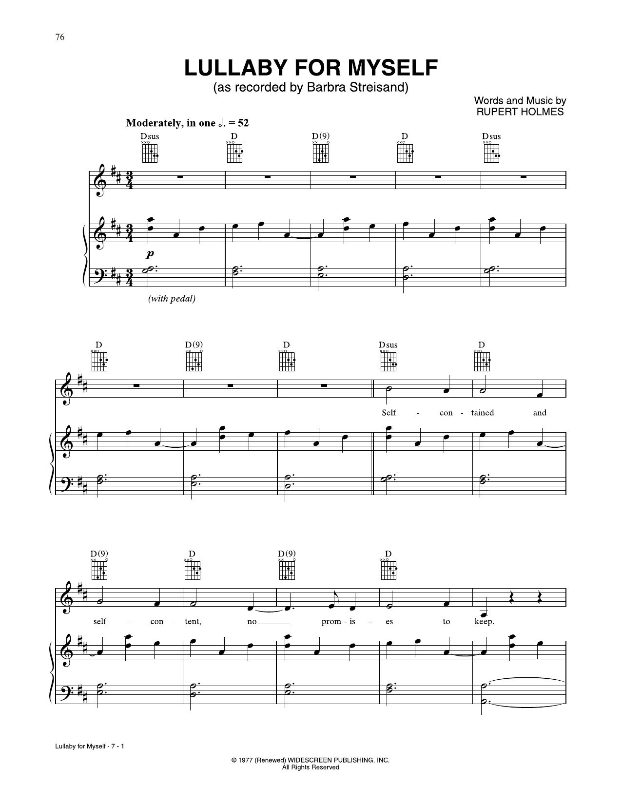 Barbra Streisand Lullaby For Myself sheet music notes and chords arranged for Piano, Vocal & Guitar Chords (Right-Hand Melody)