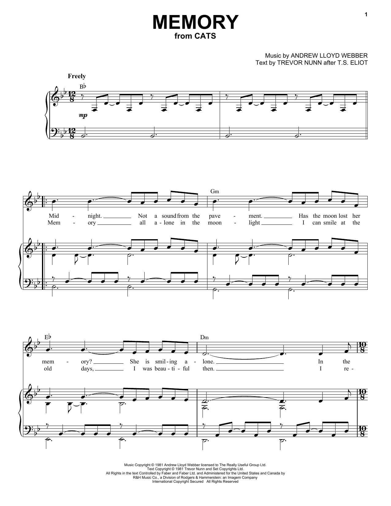 Barbra Streisand Memory (from Cats) sheet music notes and chords arranged for Pro Vocal