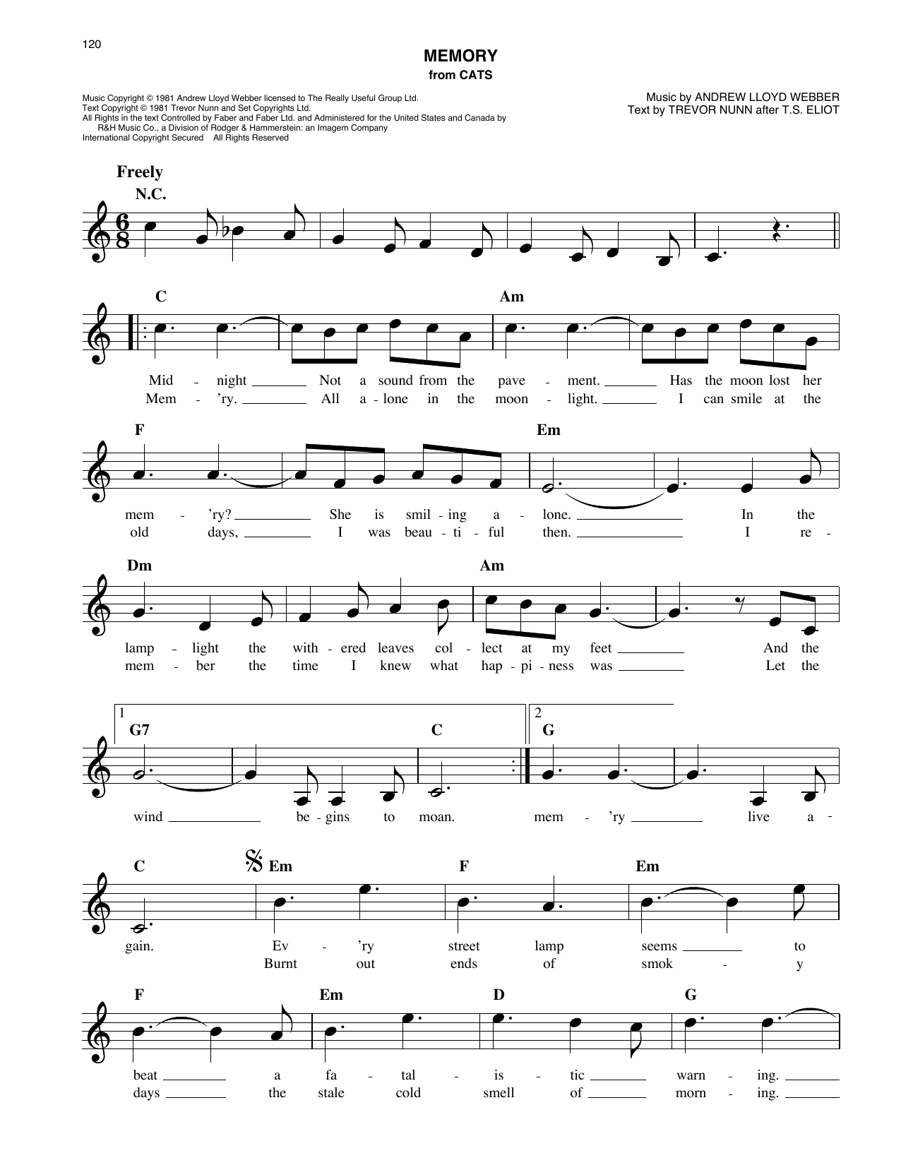 Barbra Streisand Memory sheet music notes and chords arranged for Easy Lead Sheet / Fake Book