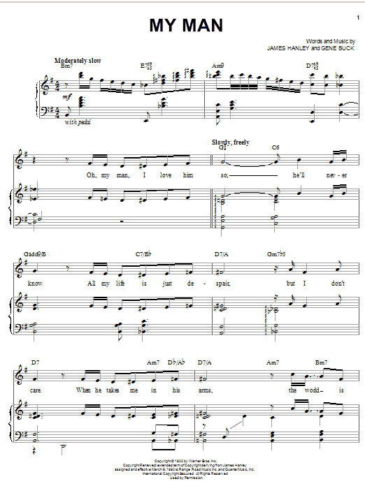 Barbra Streisand My Man sheet music notes and chords arranged for Piano, Vocal & Guitar Chords (Right-Hand Melody)