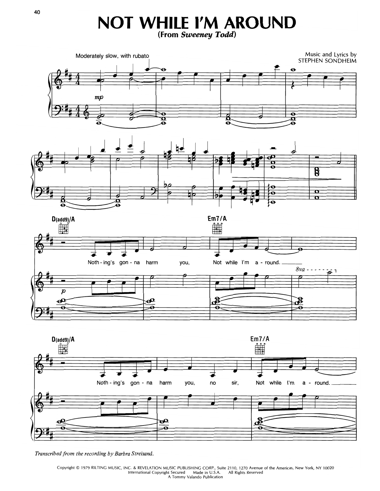 Barbra Streisand Not While I'm Around sheet music notes and chords arranged for Piano, Vocal & Guitar Chords (Right-Hand Melody)