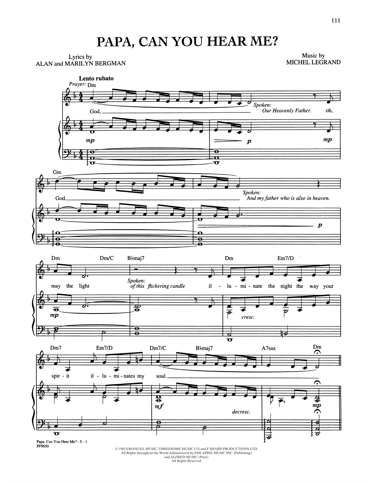 Barbra Streisand Papa, Can You Hear Me? (from Yentl) sheet music notes and chords arranged for Piano, Vocal & Guitar Chords (Right-Hand Melody)