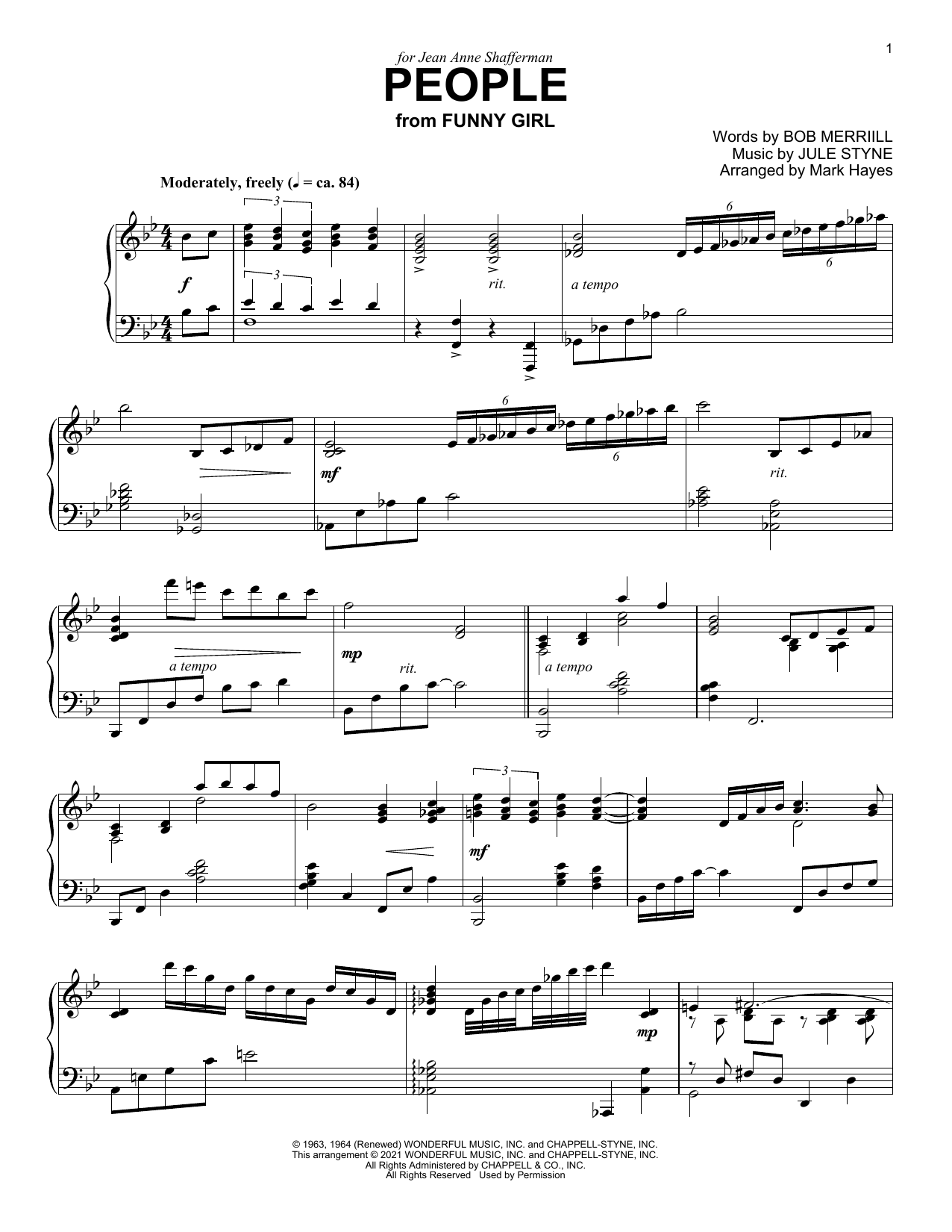 Barbra Streisand People (from Funny Girl) (arr. Mark Hayes) sheet music notes and chords arranged for Piano Solo