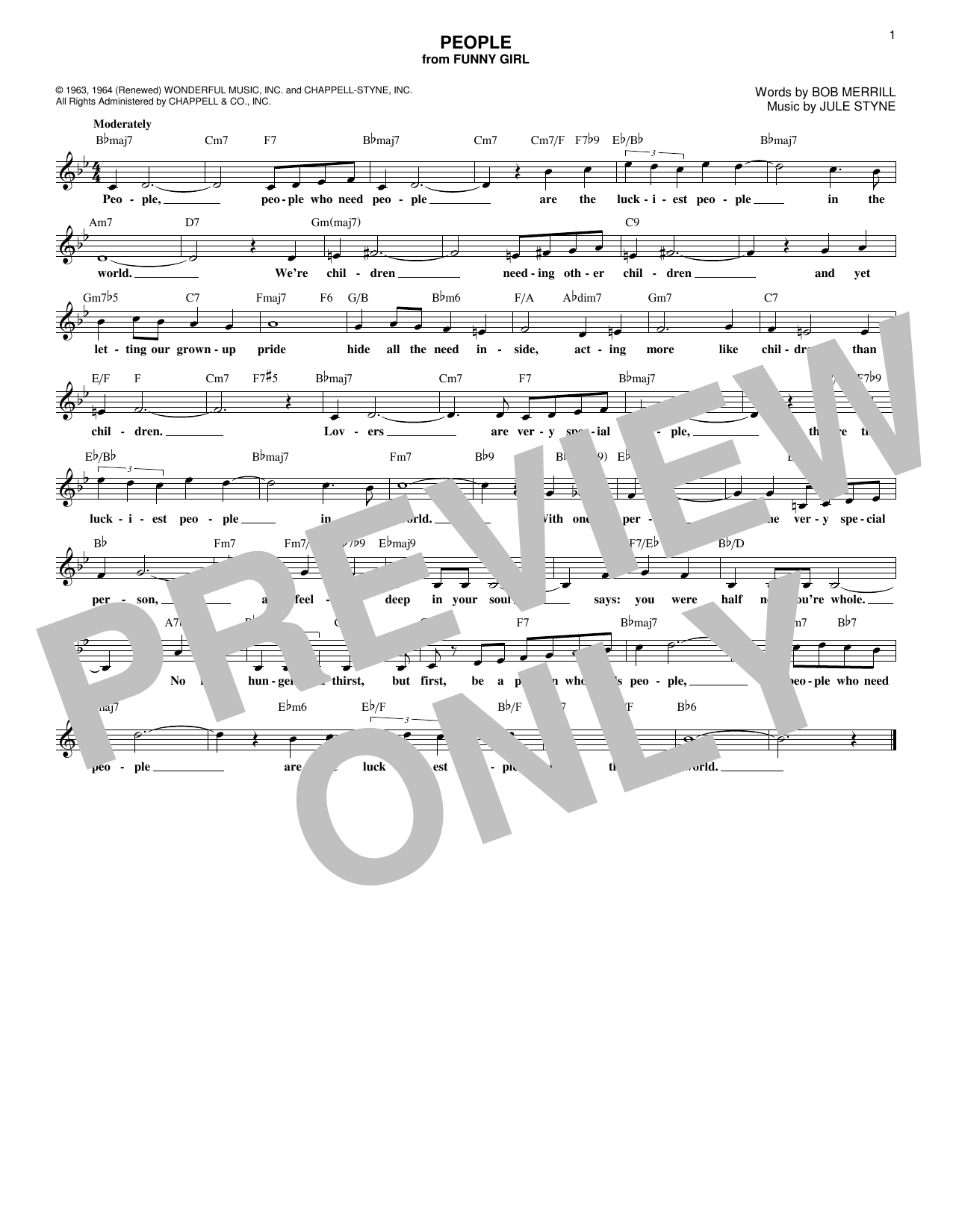 Barbra Streisand People (from Funny Girl) sheet music notes and chords arranged for 5-Finger Piano