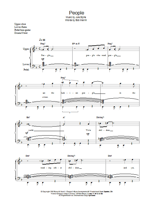 Barbra Streisand People sheet music notes and chords arranged for Piano, Vocal & Guitar Chords