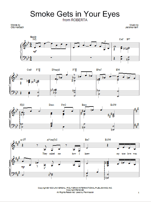 Barbra Streisand Smoke Gets In Your Eyes sheet music notes and chords arranged for Piano, Vocal & Guitar Chords (Right-Hand Melody)