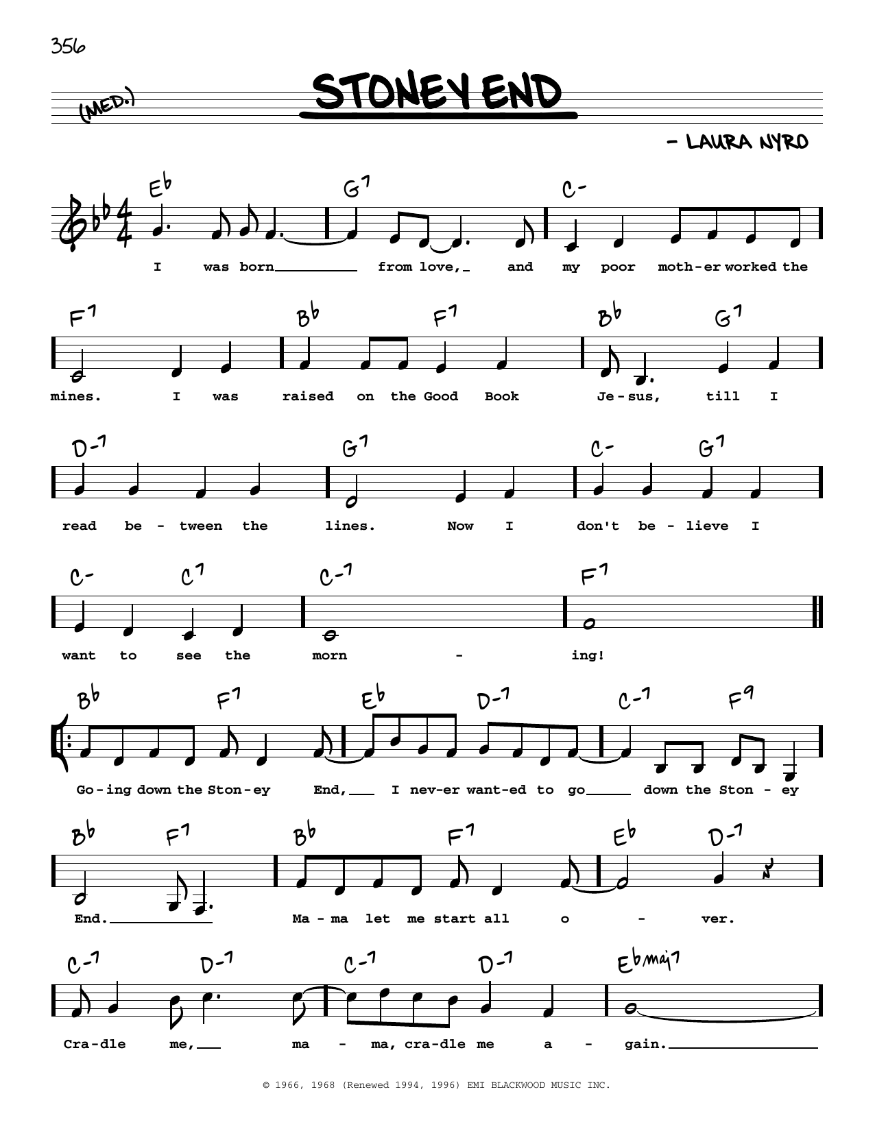 Barbra Streisand Stoney End (Low Voice) sheet music notes and chords arranged for Real Book – Melody, Lyrics & Chords