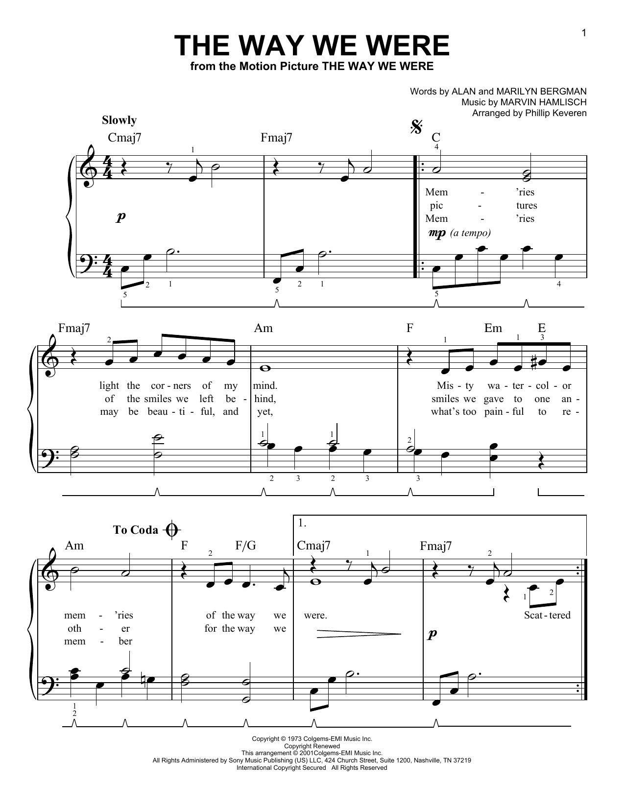 Barbra Streisand The Way We Were (arr. Phillip Keveren) sheet music notes and chords arranged for Easy Piano